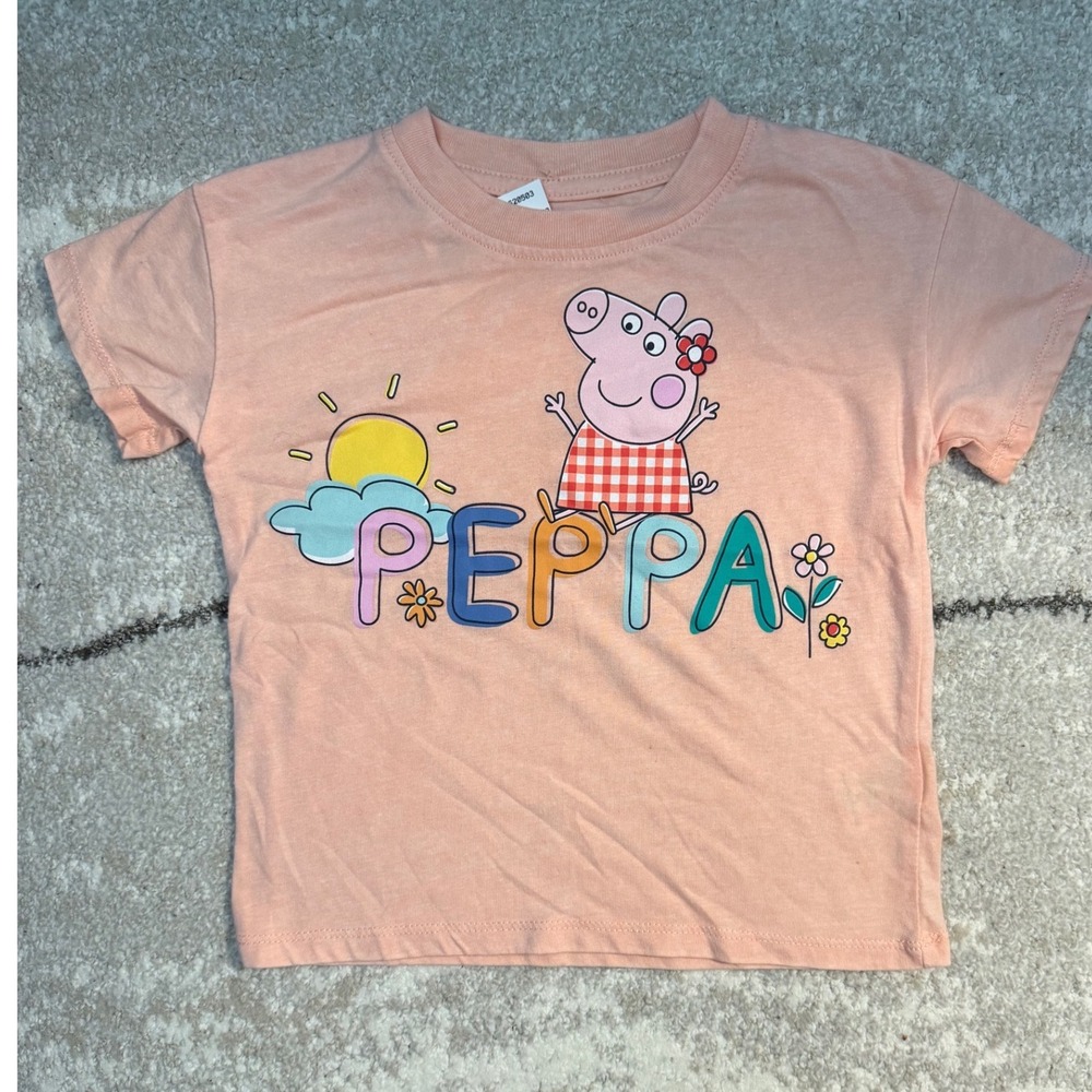 Peppa Pig Girls Peach Graphic T-Shirt Short Sleeve Crewneck Size 3T Sun Flower